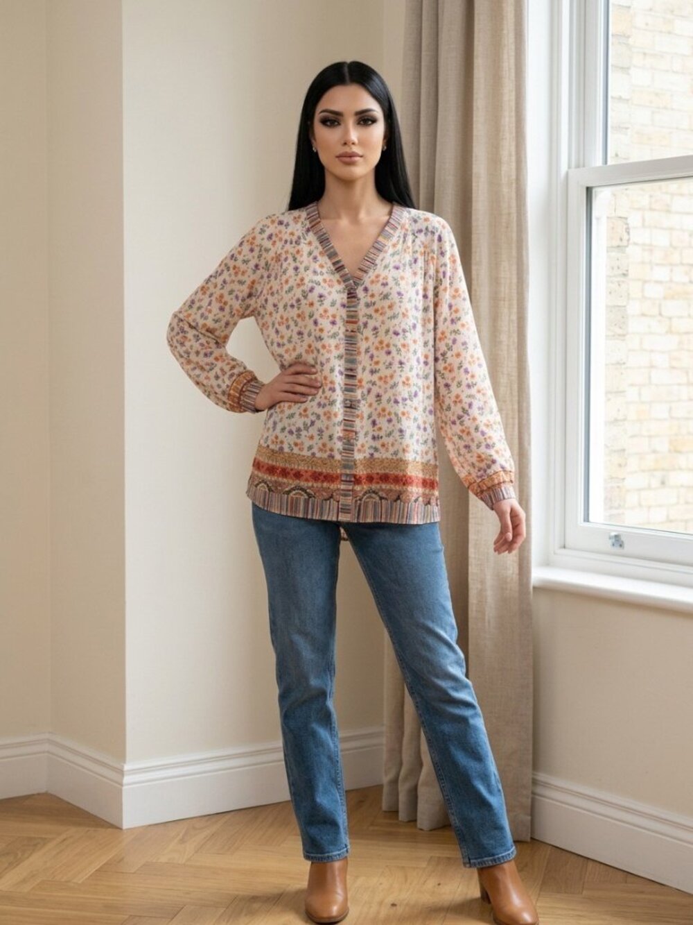 Easel Blouse with Colorful Print and a Striped Button-Down Placket - Large (NWT)